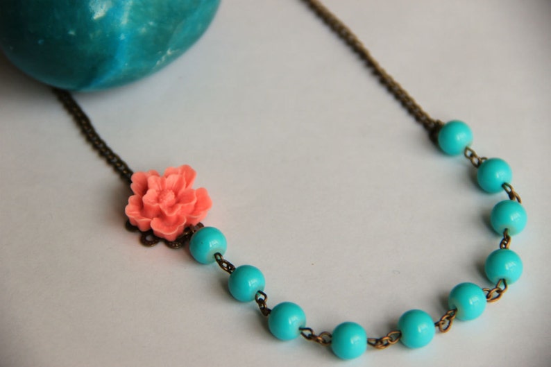 Turquoise beaded adjustable necklace with pink flower antique brass chain necklace gift for her necklace, wedding necklace, bridesmaid image 3