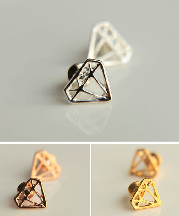 A pair of Minimalist Stud Earrings: Diamond shaped stud earrings for everyday use,tiny stud earrings rhodium plated earrings, pink gold stud