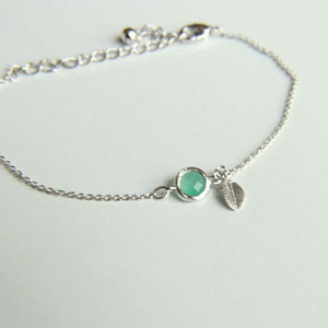 Leaf Bracelet: Rhodium plated leaf charm bracelet with ice blue faceted crystal, a perfect gift for her with minimalist style image 1