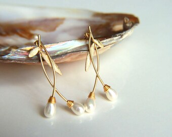 Earrings:Gold plated brass earring hooks with white pearls and leaves, gold plated studs earring elegant leaves and bulb shaped pearls