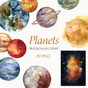 Puede incluir: Una colección de ilustraciones de planetas en acuarela con varios cuerpos celestes en tonos azul, naranja, rojo y morado, incluyendo un planeta con anillos y una escena espacial oscura con estrellas, con el texto Planets Watercolor Clipart 19 PNG.
