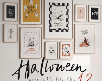 12 Halloween Geist Hexe Skelett Poster: Vintage Retro Pastell druckbare Wandkunst (Digitaler Download)