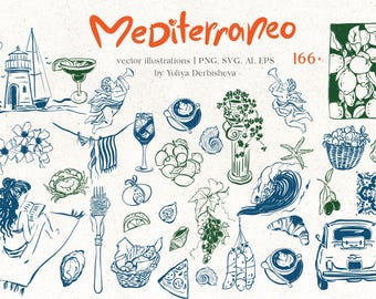 Mediterranean Clipart SVG Bundle – 166 Italian Food, Beach & La Dolce Vita Line Art Illustrations, PNG SVG for Menu Branding Canva
