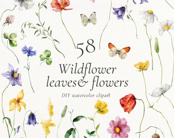 "Aquarell Wildblumen Clipart: Sommer Wiese Wildblumen und Grass PNG, Hochzeit Floral Clip Art (digitaler Download)"