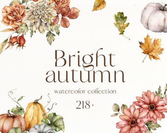 Watercolor Autumn Clipart: Flowers, Pumpkins, floral bouquets, seamless patterns, fall leaves (PNG Digital Download)