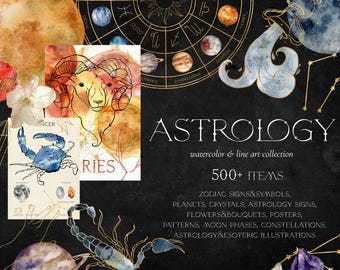 Astrology Clipart Bundle PNG – 500+ Zodiac Signs, Watercolor Planets & Celestial Illustrations for Junk Journal, Wall Art Spiritual Gifts