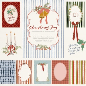 May include: A collection of hand-drawn Christmas illustrations, frames, and backgrounds. The designs include festive elements like bells, holly, and ribbons, with text that reads "Christmas Joy" and "Holiday Cheer!"