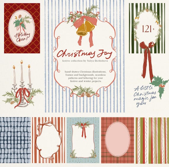 Whimsical Christmas Clipart, Backgrounds, Borders & Frames PNG: winter Hand-Drawn Flowers and wreaths for Holiday Digital Papers and Cards