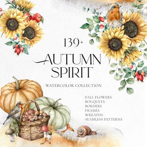 Watercolor Sunflowers Pumpkins Clipart PNG, Summer Autumn Clip Art Fall Floral Sunflowers Bouquets Wreaths Border Bundle Digital Download