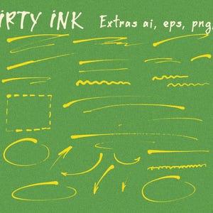 Op de afbeelding: Een groene achtergrond met de tekst "Dirty Ink" in het wit, samen met gele inktstreken, lijnen en vormen. De afbeelding bevat gestippelde vierkanten, pijlen en cirkels, wat duidt op ontwerpelementen.