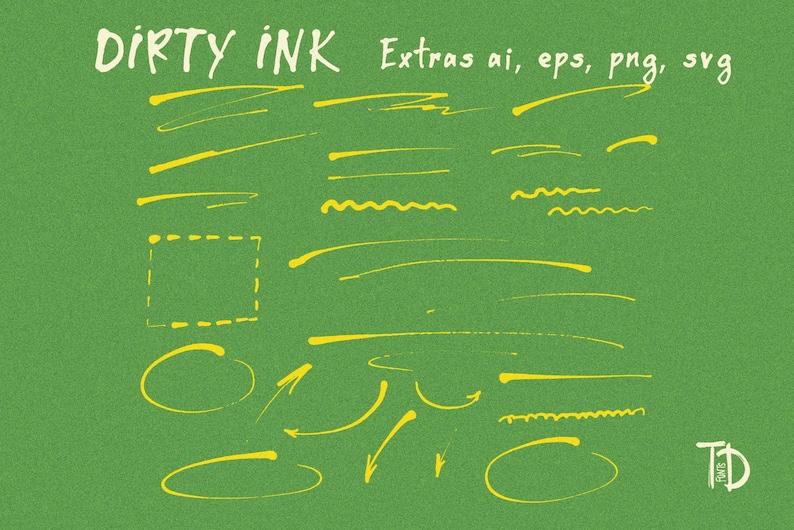Op de afbeelding: Een groene achtergrond met de tekst "Dirty Ink" in het wit, samen met gele inktstreken, lijnen en vormen. De afbeelding bevat gestippelde vierkanten, pijlen en cirkels, wat duidt op ontwerpelementen.