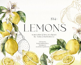 May include: Watercolor and line art clipart featuring lemons, flowers, and leaves. The image includes whole and sliced lemons, with the text "LEMONS" and "194+". The artwork is by Yuliya Derbisheva and includes elements, frames, borders, bouquets, and seamless patterns.