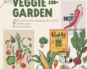 Vegetable Clipart SVG Bundle – 333 Hand-Drawn Doodle Vintage Vegetables, Patterns & Posters for Kitchen Art, Farmers Market, Junk Journal
