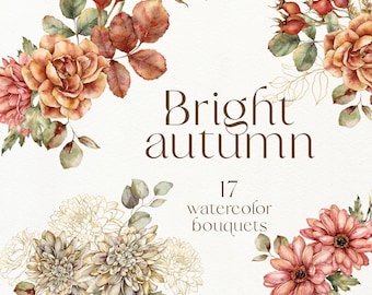 Fall Watercolor Bouquets — 17 Autumn Flower Clipart PNG for Wedding Invitations, Boho Floral Arrangements & Home Decor (Digital Download)