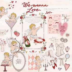 Op de afbeelding: Vintage vector illustraties met cherubs, harten en romantische elementen. Bevat frames, champagne, strikken en tekst die luidt "We wanna Love" en "All we need is Love". Perfect voor Valentijnsdag projecten.