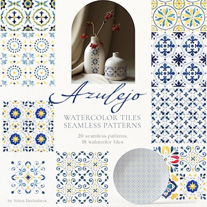 Blue Watercolor Mediterranean Tiles Seamless Pattern Digital Paper Moroccan Portuguese Azulejo Tile Italian wedding junk Instant Download