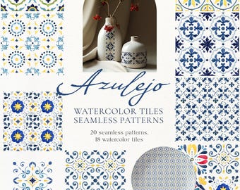 Blue Watercolor Mediterranean Tiles – Seamless Digital Paper, Pattern with Moroccan, Portuguese, and Azulejo Tile, Instant Download