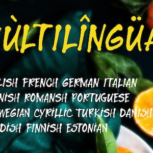 Op de afbeelding: Een donkergroene achtergrond met de gele tekst "MULTILING&Uuml;&Auml;L" en een lijst met talen. Twee sinaasappelvruchten zijn zichtbaar. De vermelde talen zijn Engels, Frans, Duits, Italiaans, Spaans, Reto-Romaans, Portugees, Noors, Cyrillisch, Turks, Deens, Zweeds, Fins en Ests.