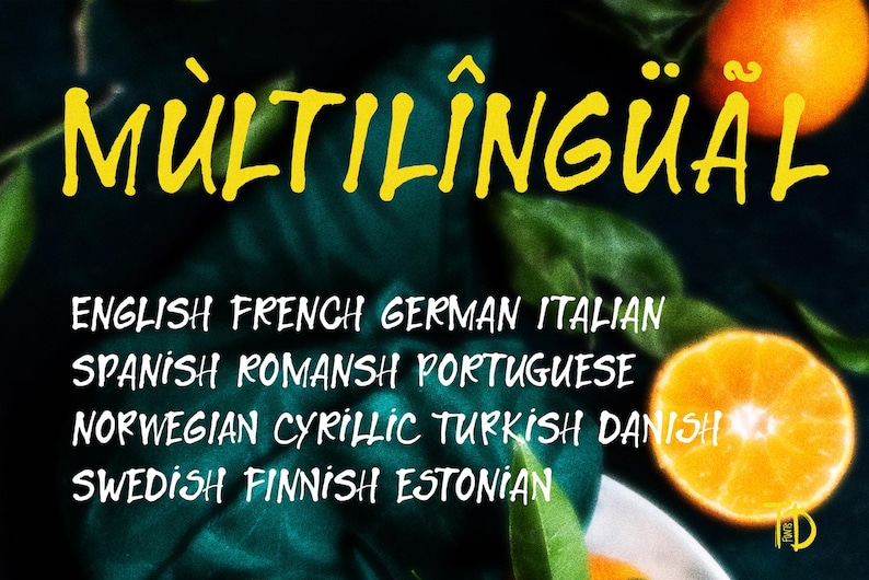 Op de afbeelding: Een donkergroene achtergrond met de gele tekst "MULTILING&Uuml;&Auml;L" en een lijst met talen. Twee sinaasappelvruchten zijn zichtbaar. De vermelde talen zijn Engels, Frans, Duits, Italiaans, Spaans, Reto-Romaans, Portugees, Noors, Cyrillisch, Turks, Deens, Zweeds, Fins en Ests.