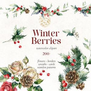 Op de afbeelding: Waterverf clipart met winterbessen, dennenappels en rozen. De afbeelding bevat de tekst "Winter Berries" en vermeldt bloemen, randen, kransen, kaarten en naadloze patronen. Het kleurenpalet omvat rood, groen en crème.