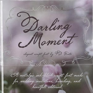 May include: A digital graphic display featuring the text Darling Moment in a dark script font, enclosed in a thin white decorative border. Below, the text reads elegant script font by TD Fonts and a description of the ink-bleed script font style.