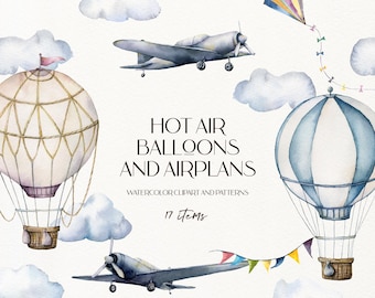 Hot Air Balloon and Airplane Watercolor Clipart – Air Transport PNG Clip art for Nursery Decor, Baby Boy Kid Wall Art (Digital Download)