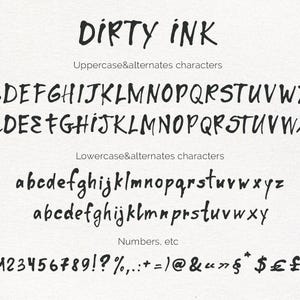 Op de afbeelding: Een wit papier toont het lettertype "DIRTY INK", met hoofdletters, kleine letters en alternatieve tekens. Het zwarte, handgeschreven lettertype bevat cijfers en symbolen, ideaal voor digitale ontwerp- of printprojecten.