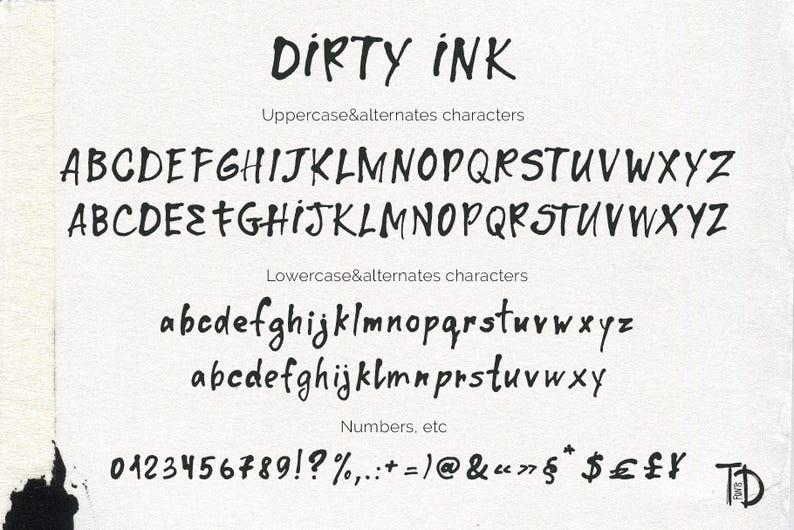 Op de afbeelding: Een wit papier toont het lettertype "DIRTY INK", met hoofdletters, kleine letters en alternatieve tekens. Het zwarte, handgeschreven lettertype bevat cijfers en symbolen, ideaal voor digitale ontwerp- of printprojecten.