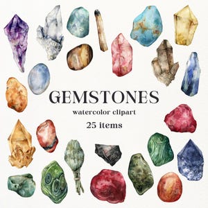 Watercolor Gemstones Clipart – 25 Crystal and Healing Stone PNG – Boho Witchy Spiritual Clip Art – Digital Download Amethyst Junk Journal
