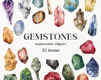 May include: Watercolor clipart of various gemstones in shades of purple, blue, green, yellow, and red. The image includes crystals, tumbled stones, and a bundle of sage. Text reads "GEMSTONES watercolor clipart 25 items."