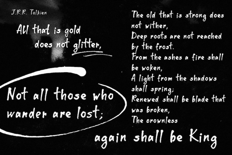 Op de afbeelding: Een zwart-wit afbeelding met een citaat van J.R.R. Tolkien. De tekst bevat de zinnen "Niet alles wat blinkt is goud" en "Niet allen die zwerven zijn verdwaald". Het citaat gaat verder met regels over kracht en vernieuwing.