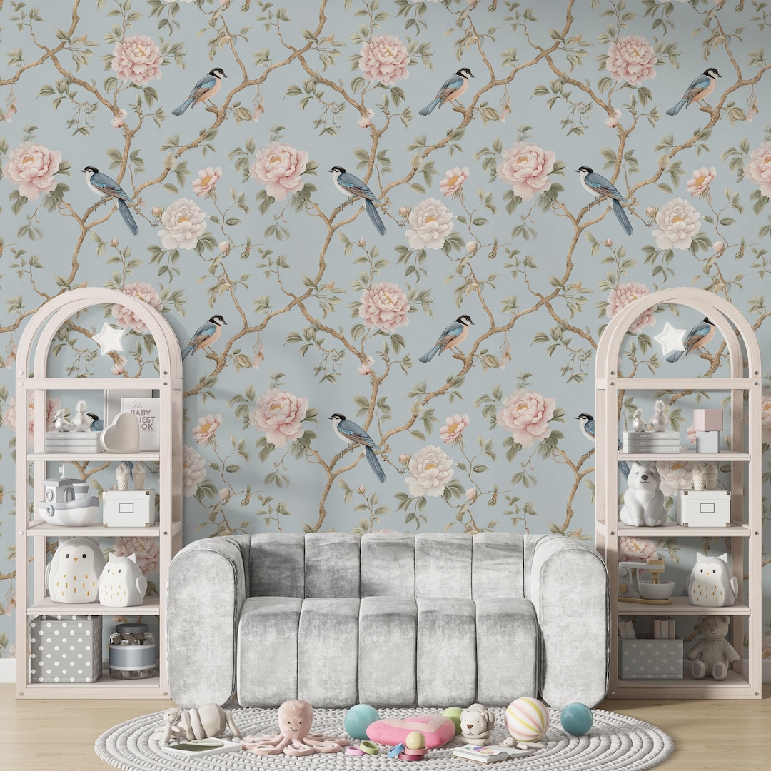 Chinoiserie Bird & Floral Wall Mural - Vintage Peel and Stick Wallpaper ...