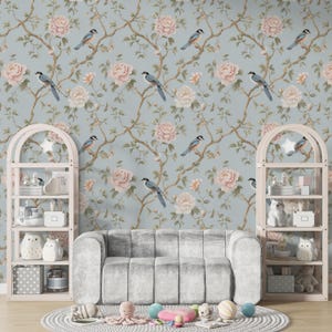 Chinoiserie Bird & Floral Wall Mural - Vintage Peel and Stick Wallpaper
