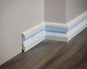 Modern White LED Baseboard Moulding - Cleanable Polymer Skirting - Luxury Floor Molding - Sockelleiste