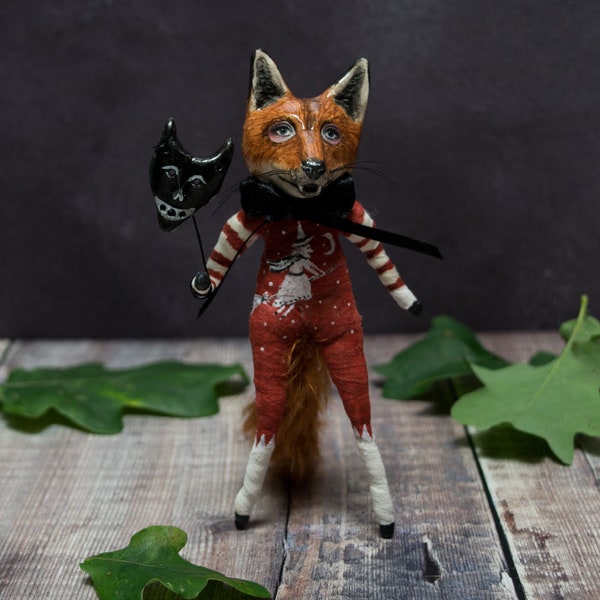 Melvin the trick or treating witch onsie fox. All Hallows Eve decoration/ Halloween figurine/ Devil ornament. Gift for a witch lover