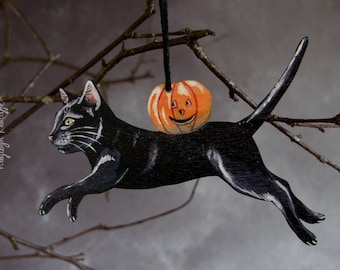 Black Cat With a Pumpkin, Halloween Hanging Ornament