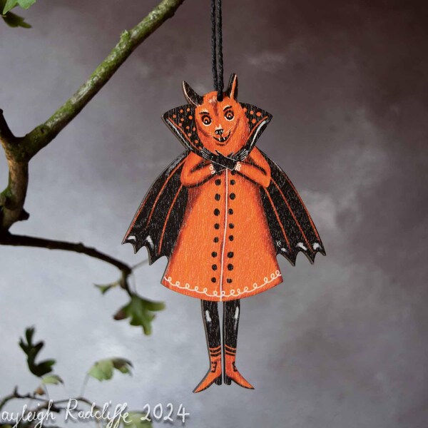Bat dressed as a vampire wooden hanging ornament. Retro style Halloween decoration, illustrated by Kayleigh Radcliffe. "Sebastian" the bat