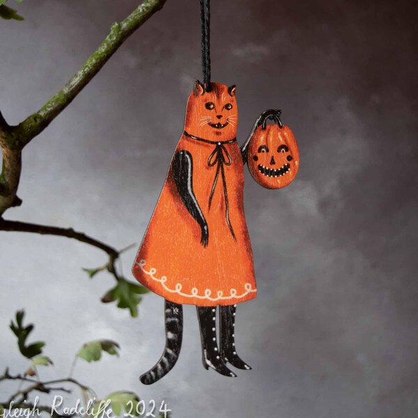 Cat ghost wooden hanging ornament, designed for Halloween decor. "Harold" the cat. Illustrated by Kayleigh Radcliffe and made in the UK