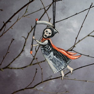 Wooden grim reaper hanging ornament. Vintage style Halloween decoration/ gothic decor