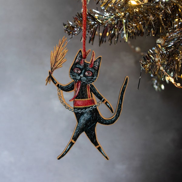 Double sided Krampus cat hanging ornament. Christmas Krampus tree decoration. Black cat, Halloween cat, Devil cat. Krampus gift