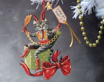 Ornement suspendu en bois de Noël de chat tigré Krampus. Double face. Conçu et illustré par Kayleigh Radcliffe