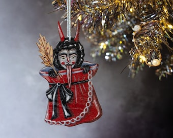 Christmas Krampus in a sack wooden hanging ornament. Christmas tree decoration. Made in the UK