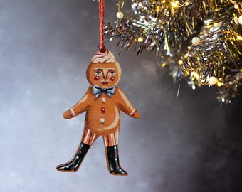 Wooden gingerbread man Christmas tree ornament. Vintage style Christmas decoration