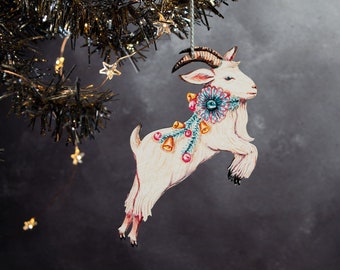 Wooden leaping Yule goat Christmas tree ornament. Kitschy Christmas decor. White goat