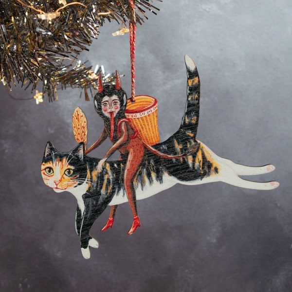 Wooden leaping cat and Christmas Krampus hanging ornament. Double sided, made in the UK from laser cut wood