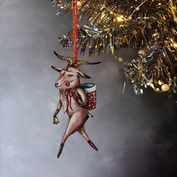 Yule goat hanging ornament, double sided. Wooden ornament. Festive tree décor. Kitschy décor, pink goat, pink Christmas