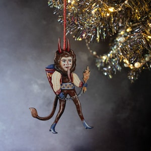 Retro style Krampus wooden hanging ornament. Original design. Krampus Christmas decoration