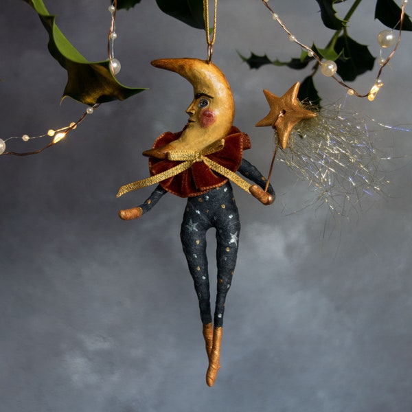 Victor the Moon man with a shooting star hanging Christmas decoration. Heirloom luxury Christmas ornament. Crescent Moon. Victorian style