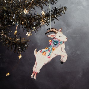 Wooden leaping Yule goat Christmas tree ornament. Kitschy Christmas decor. White goat