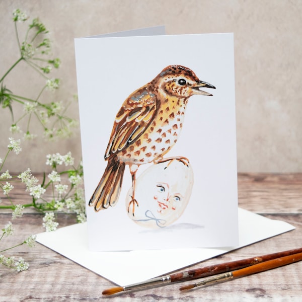Greeting card of a song thrush bird with an egg called Bobby